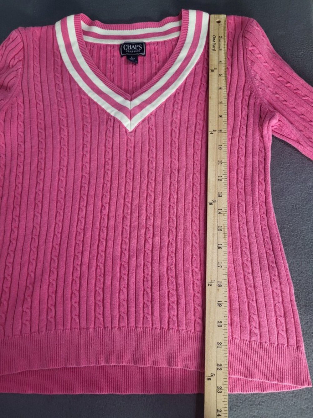 Vintage Chaps Womens LG V-Neck Sweater Pink White Cable Knit Tennis y2k Preppy - Picture 7 of 8